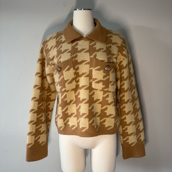 English Factory Tan and Cream Houndstooth Sweater SZ L - Picture 1 of 9